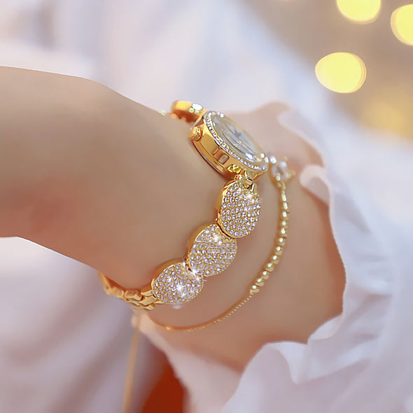 Quartz Gold Fashion Wrist Watches Diamond Stainless Steel Wtach (with a ins Bracelet as gift)