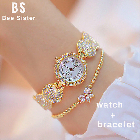 Quartz Gold Fashion Wrist Watches Diamond Stainless Steel Wtach (with a ins Bracelet as gift)