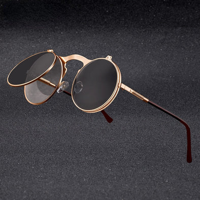 Vintage Steampunk Flip Sunglasses Retro Round Metal Frame Sun Glasses for Men Women Brand Designer Circle Glasses