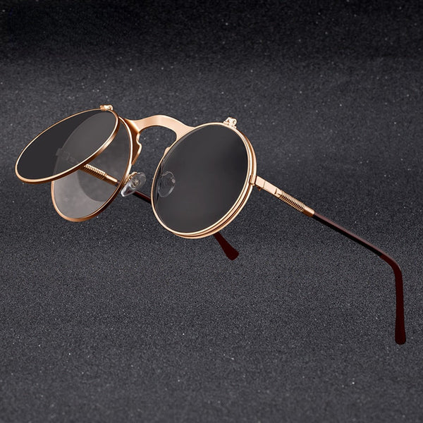 Vintage Steampunk Flip Sunglasses Retro Round Metal Frame Sun Glasses for Men Women Brand Designer Circle Glasses Oculos Jollynova