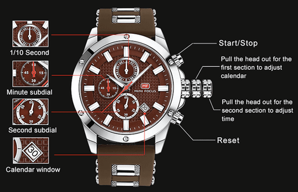 MINI FOCUS - 3D Bolt Design 6 Hands Quartz Watch