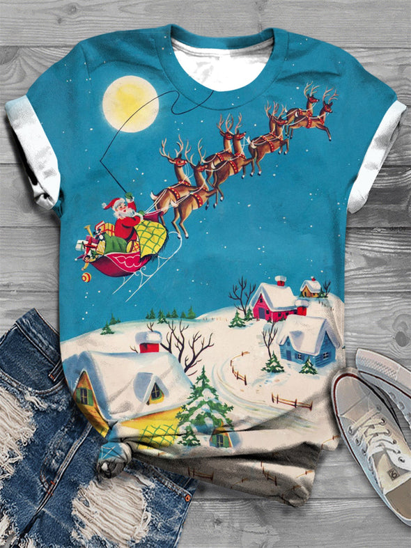 Vintage Santa With Reindeer Christmas Night Crew Neck T-Shirt
