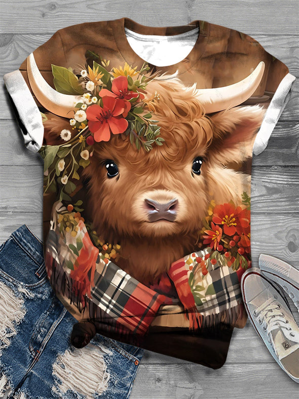 Christmas Cute Baby Highland Cow Crew Neck T-Shirt