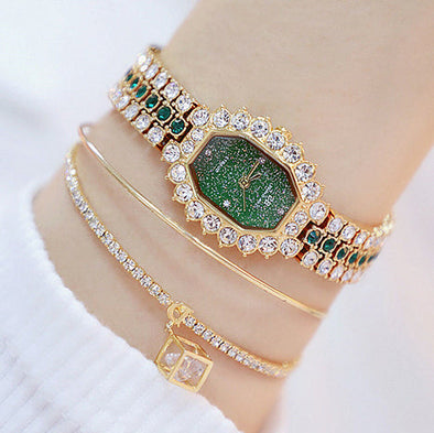 2022 Diamond Watch Luxury Brand Rhinestone Elegant Green Dress Wrist Watches (with a ins Bracelet as gift)