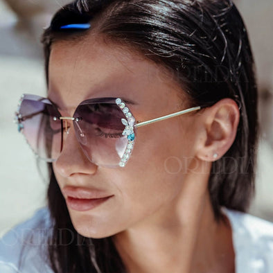 Vintage Rimless Rhinestone Sunglasses Women Men Retro Cutting Lens Gradient Sun Glasses Female UV400