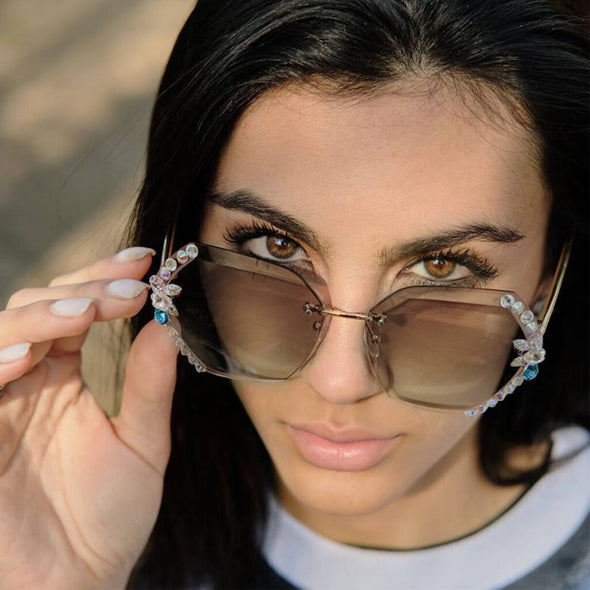 Vintage Rimless Rhinestone Sunglasses Women Men Retro Cutting Lens Gradient Sun Glasses Female UV400