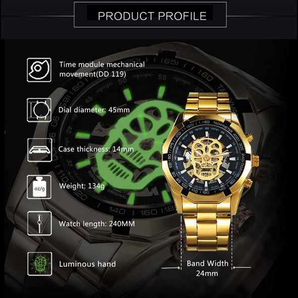 Jollynova - Golden Automatic Steel Strap Skull Mechanical Watch