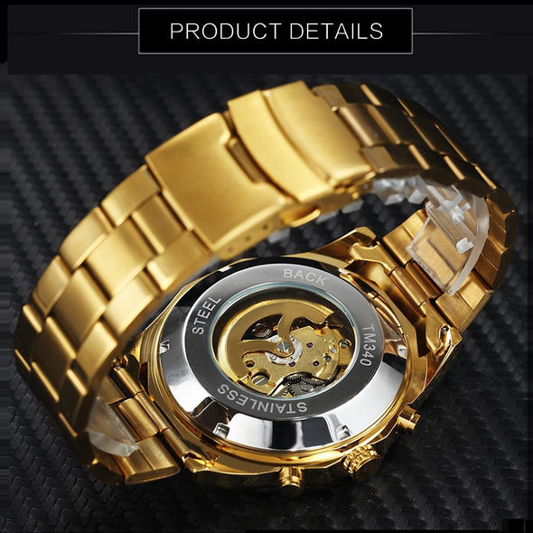 Jollynova - Golden Automatic Steel Strap Skull Mechanical Watch