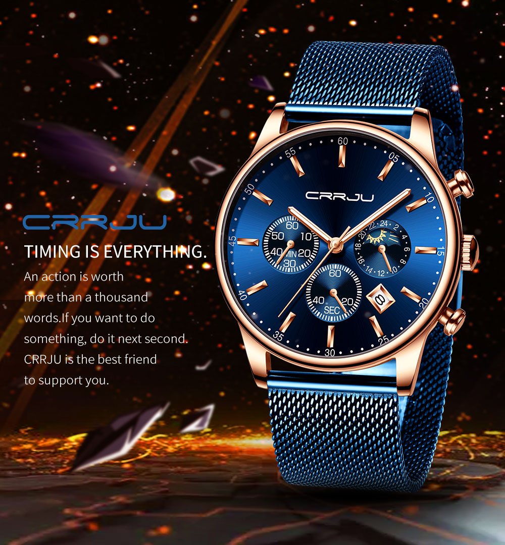 Men s Watches Waterproof Three Eyes Dial Calendar Mesh Strap