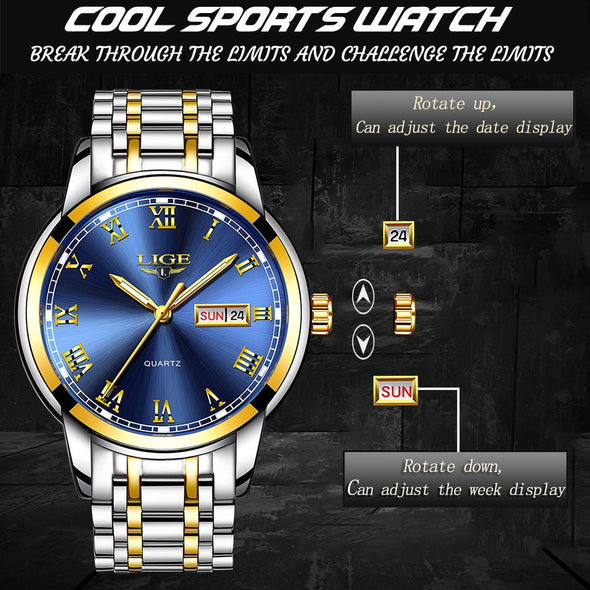 LIGE - Full Steel Sports Waterproof Quartz Watch