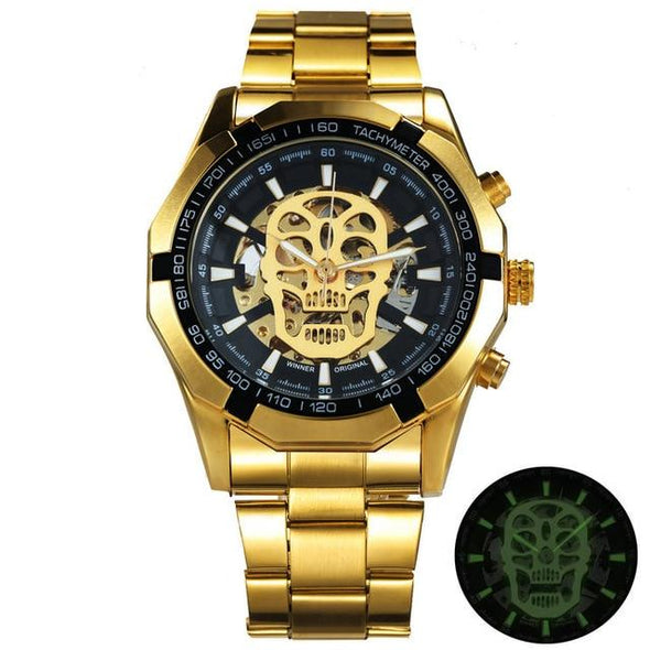 Jollynova - Golden Automatic Steel Strap Skull Mechanical Watch