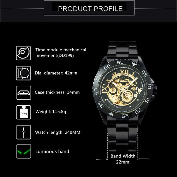 Jollynova - Golden Automatic Steel Strap Skull Mechanical Watch