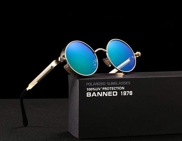 Men's Retro Round Metal HD Polarized Punk Steampunk Sunglasses