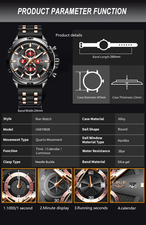 LIGE - Men Military Waterproof Silicone Strap Quartz Wrist Watch