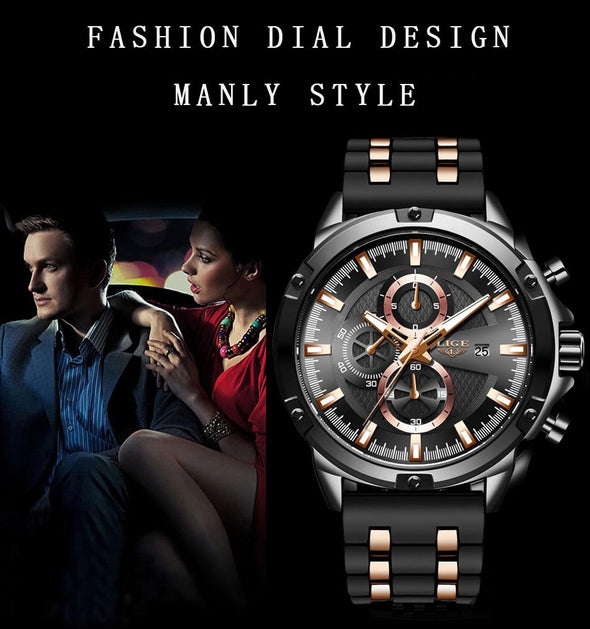 LIGE - Men Military Waterproof Silicone Strap Quartz Wrist Watch
