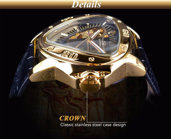 WN9966 - Steampunk Triangle Golden Skeleton Automatic Mechanical Wrist Watch