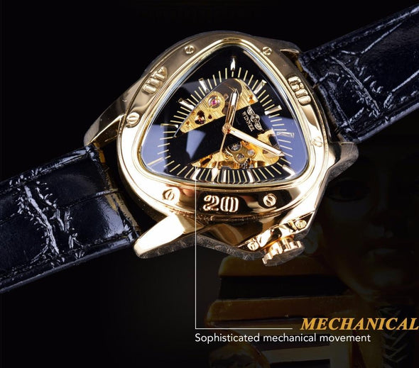 WN9966 - Steampunk Triangle Golden Skeleton Automatic Mechanical Wrist Watch