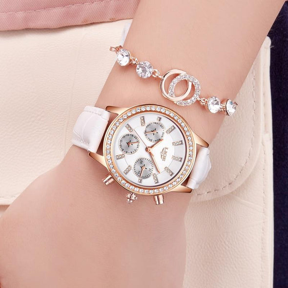 LIGE - Casual Leather Women's Dress Quartz Watch(with a ins Bracelet as gift)