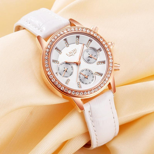 LIGE - Casual Leather Women's Dress Quartz Watch(with a ins Bracelet as gift)