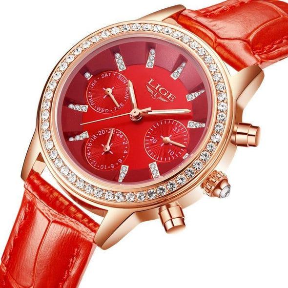 LIGE - Casual Leather Women's Dress Quartz Watch(with a ins Bracelet as gift)