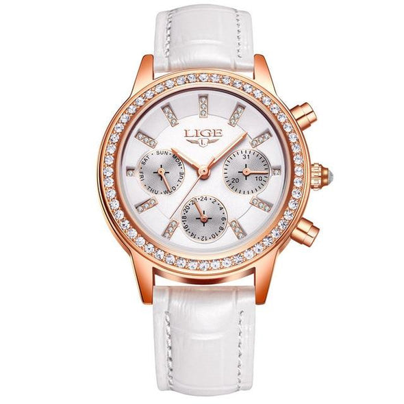 LIGE - Casual Leather Women's Dress Quartz Watch(with a ins Bracelet as gift)