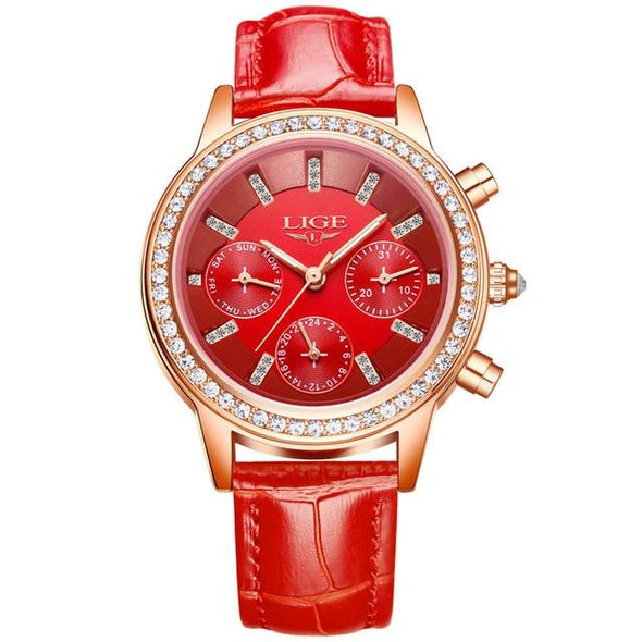 LIGE - Casual Leather Women's Dress Quartz Watch(with a ins Bracelet as gift)