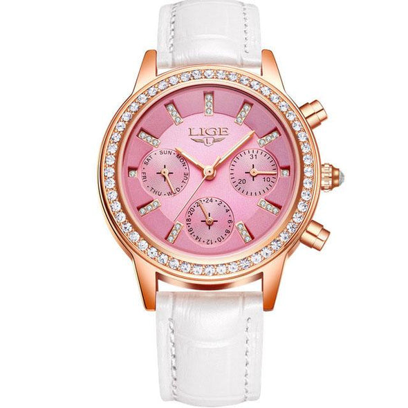 LIGE - Casual Leather Women's Dress Quartz Watch(with a ins Bracelet as gift)